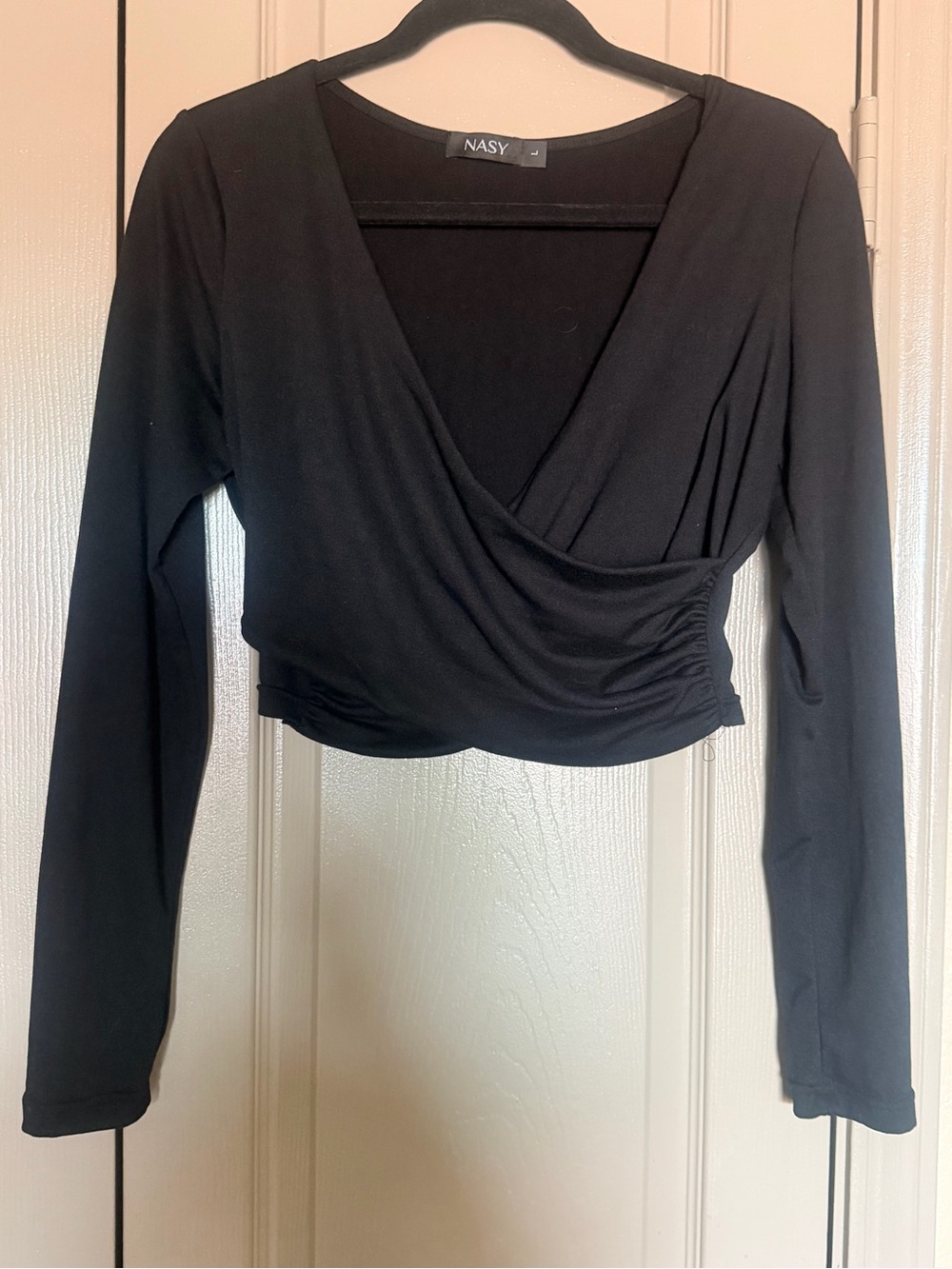Black Long-Sleeve Wrap Crop Top